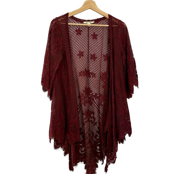 Miami Lace draped cardigan burgundy floral sheer top women's size small boho - Picture 1 of 7